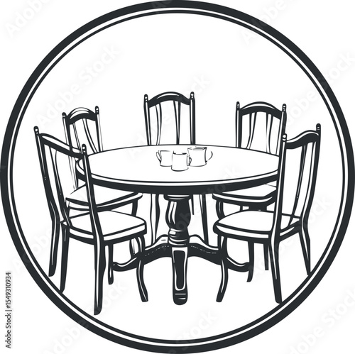 Black and white illustration of a round wooden dining table with six chairs and cups on top