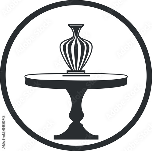 Black and white silhouette of a decorative vase placed on a round pedestal table isolated on white background.