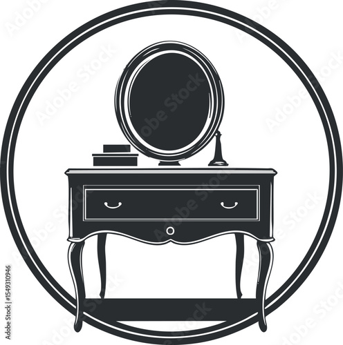 Black and white illustration of a classic vanity table with an oval mirror and drawers for home interior decoration