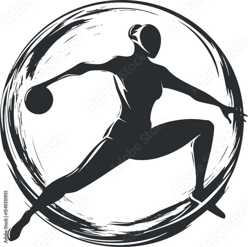 Silhouette illustration of a female handball player in dynamic pose throwing a ball inside a circular brush stroke design