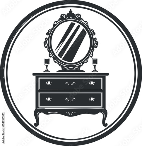 Black and white illustration of an ornate vintage dresser with drawers and a round mirror on top.