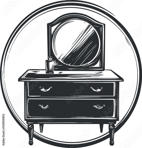 Vintage wooden dresser with mirror and drawers in classic style for home interior decoration