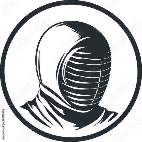 Black and white illustration of a fencer wearing protective helmet mask in circular frame