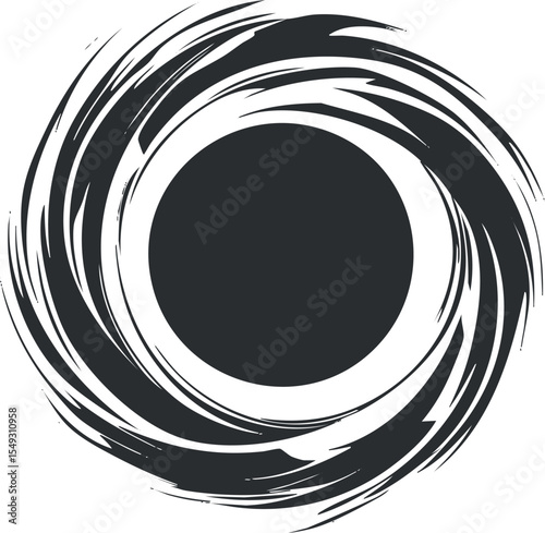 Abstract black circular swirl design with dynamic flowing vortex pattern on white background