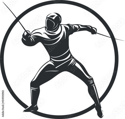 Black and white silhouette of a fencer in full gear holding swords inside a circular frame showing dynamic fencing stance and motion.