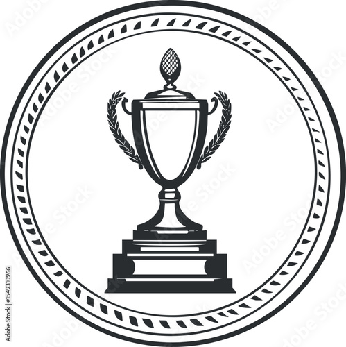 Black and white illustration of a trophy cup with laurel wreath inside a decorative circular frame symbolizing achievement and victory