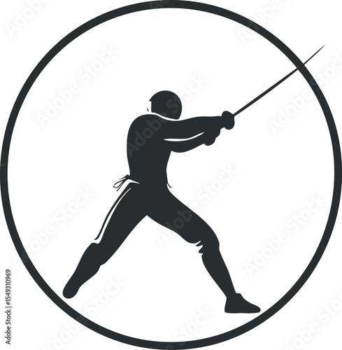 Silhouette of a fencer in full gear lunging forward with a sword inside a circular frame