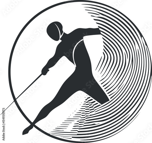 Stylized silhouette of a fencer in action with sword and helmet inside a circular design