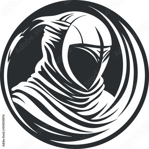 Stylized black and white illustration of a ninja wearing a hood and mask inside a circular frame symbolizing stealth and mystery.