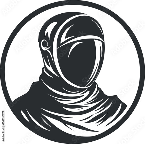 Black and white vector illustration of an astronaut wearing a space helmet and suit inside a circular frame