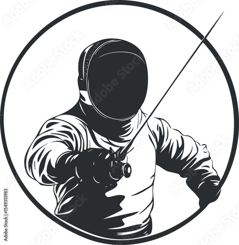 Black and white illustration of a fencer in action holding a sword inside a circular frame