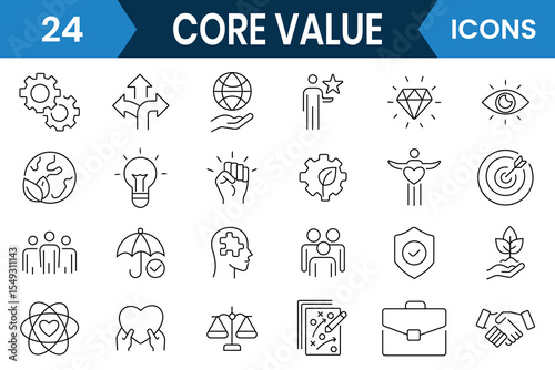 Core values line icon set. Silhouette of core value related icon such as goals, responsibility, integrity, customers, commitment, vision, social responsibility, commitment, reliability icon vector.