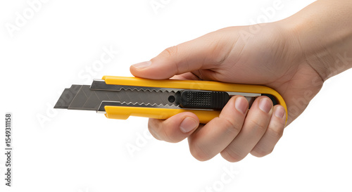 Holding Yellow Utility Knife for Cutting on a White Background