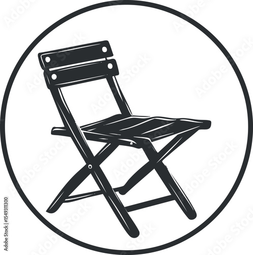 Black and white illustration of a folding wooden chair with slats inside a circular border
