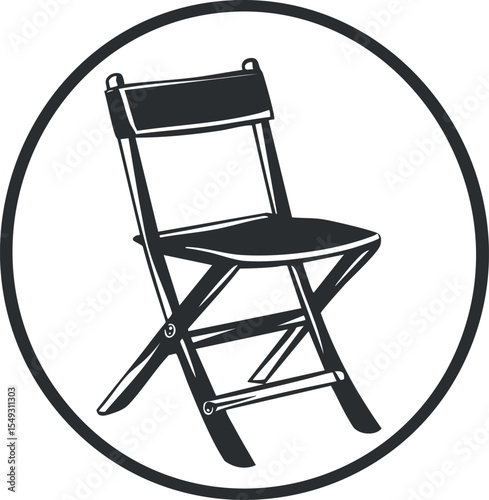 Black and white icon of a simple folding chair with backrest inside a circular frame