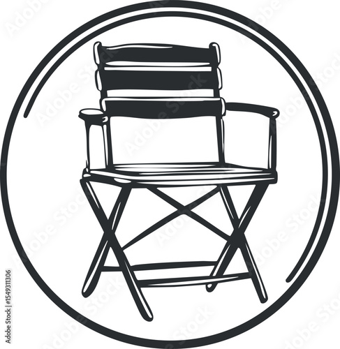 Black and white illustration of a director's folding chair inside a circular frame symbol