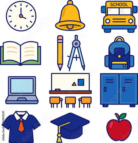 Back to School Icon Set - Flat Color Line Style
