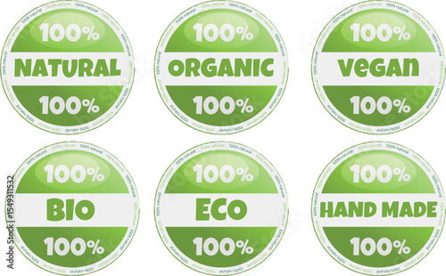 Eco, bio, organic, vegan, hand made and natural products sticker, label, badge and logo