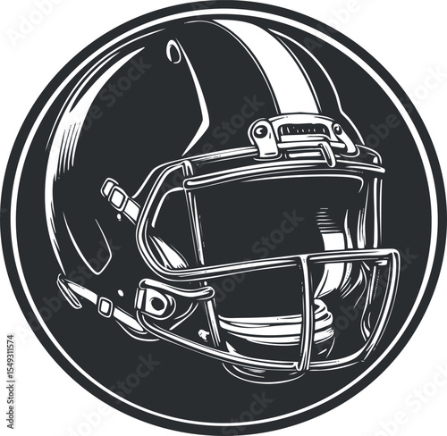 Black and white illustration of an American football helmet with faceguard inside a circular frame
