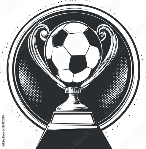 Black and white illustration of a soccer trophy cup with a football on top symbolizing championship and victory