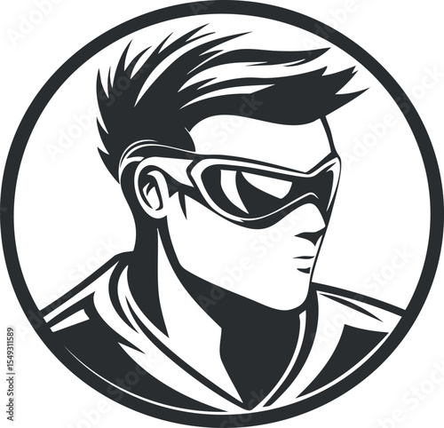 Stylized black and white portrait of a young man wearing sporty goggles in profile inside a circular frame