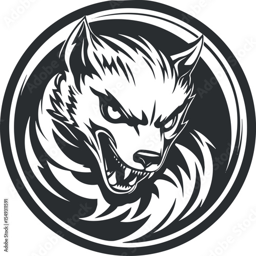 Black and white fierce wolf head illustration snarling inside a circular emblem symbol