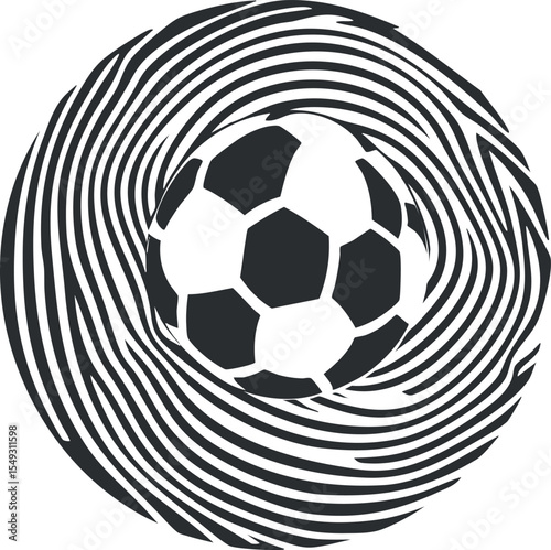 Black and white abstract illustration of a soccer ball with swirling circular patterns representing motion