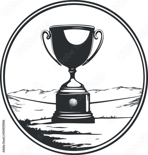 Black and white illustration of a trophy cup symbolizing victory and achievement inside a circular frame with landscape background