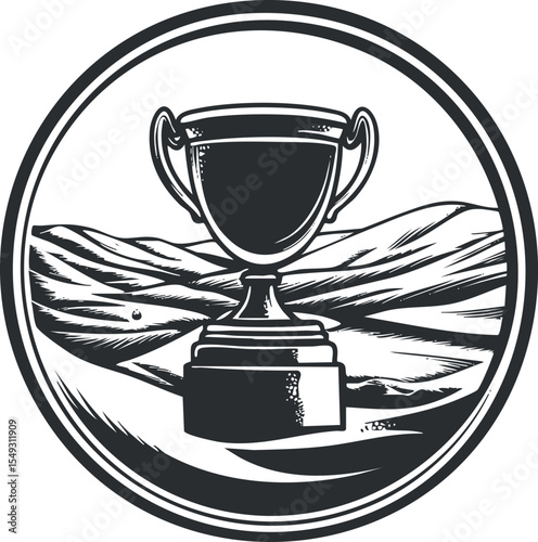 Hand drawn monochrome trophy cup illustration inside a circular badge design symbolizing achievement and victory