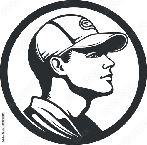 Black and white vector illustration of a young man in profile wearing a cap inside a circle frame