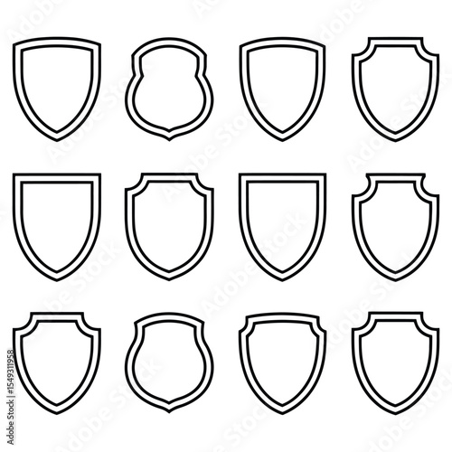 Twelve outline shield shapes isolated on white background