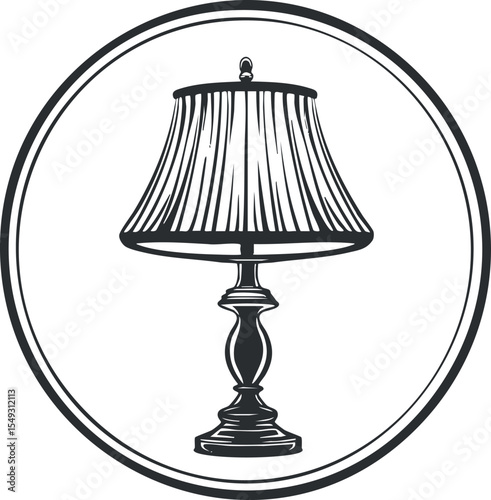Black and white vector illustration of a classic table lamp with pleated lampshade inside circular frame.