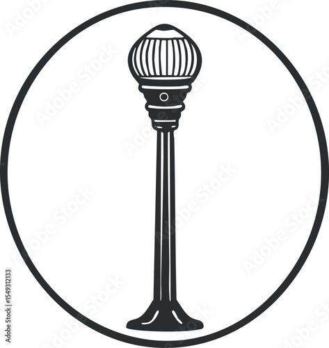 Black and white vector illustration of a vintage streetlight lamp post inside a circular frame