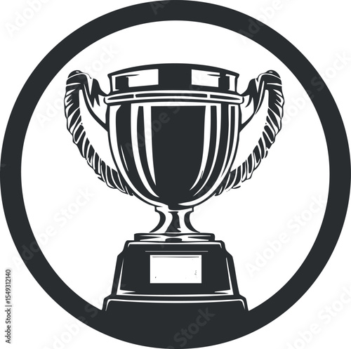 Black and white trophy cup illustration with handles and base inside circular border representing award and victory