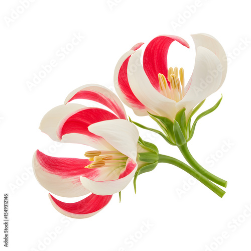 Blooming Flowers with White and Red Petals Isolated on White