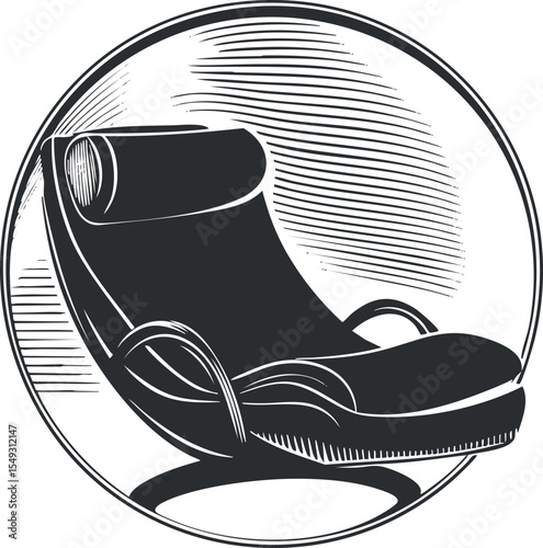 Black and white illustration of a modern lounge chair with cushion and armrests for comfortable seating