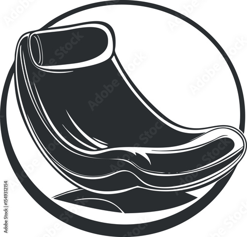 Black and white illustration of a modern stylish lounge chair with curved design and cushion for comfort