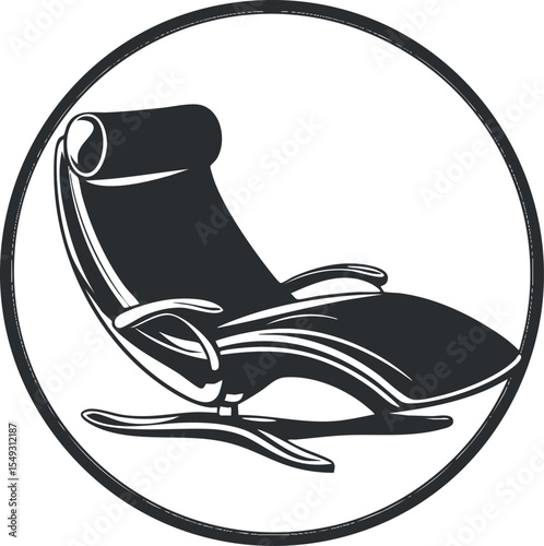 Black and white vector illustration of a modern lounge chair with armrests and cushion inside a circle frame