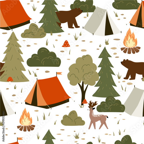 Cute vector seamless hand-drawn pattern with drawings for camping, tents, landscapes, trees, wild animals
