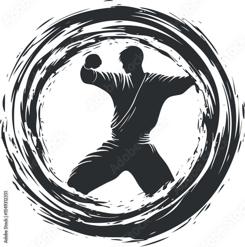 Silhouette of a karate fighter in action pose inside a dynamic circular brushstroke design
