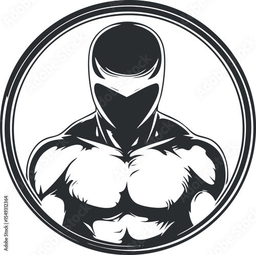 Black and white graphic illustration of a muscular masked fighter with a strong silhouette in a circular frame