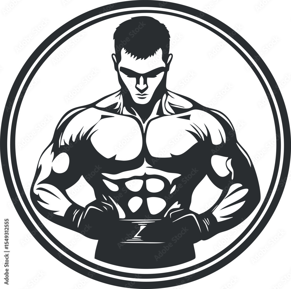 Black and white vector illustration of a muscular man with defined abs and strong arms in a circular frame.