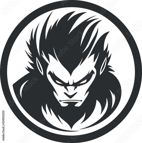 Silhouette of a fierce werewolf head with wild hair and intense expression inside a circle