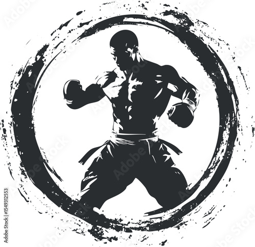 Silhouette of a muscular male boxer in fighting stance inside a grunge circular frame, symbolizing martial arts and combat sports.