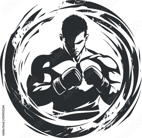 Silhouette of a muscular male boxer in a fighting stance wearing gloves inside a circular brushstroke frame