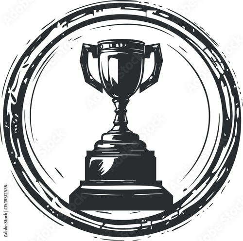 Black and white hand-drawn illustration of a trophy cup inside a circular emblem symbolizing victory and achievement