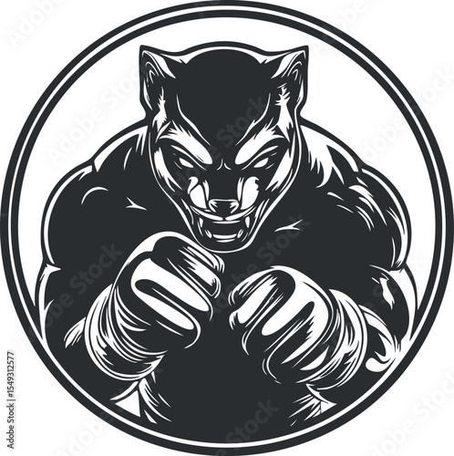 Black and white illustration of a muscular panther in a boxing stance with clenched fists inside a circle frame