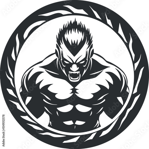 Black and white vector illustration of a fierce muscular monster creature roaring inside a circular frame