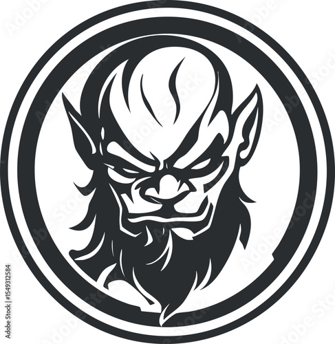 Black and white graphic illustration of an angry demonic face with beard inside circular frame