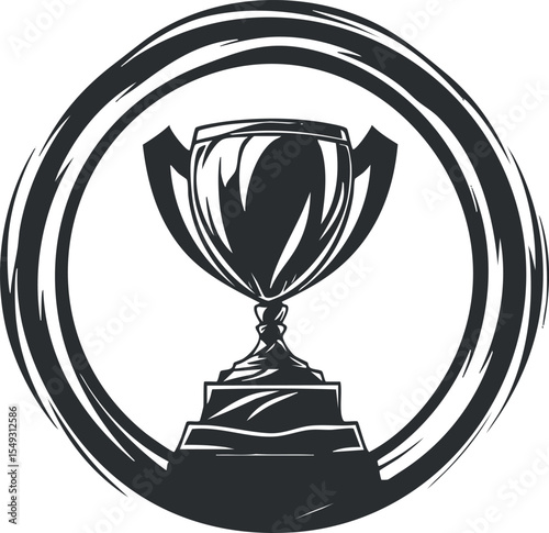 Monochrome trophy cup icon inside circular brush stroke symbolizing achievement and victory